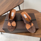 ALAIA WEDGE THONG SANDALS 25S IN BROWN SUEDE